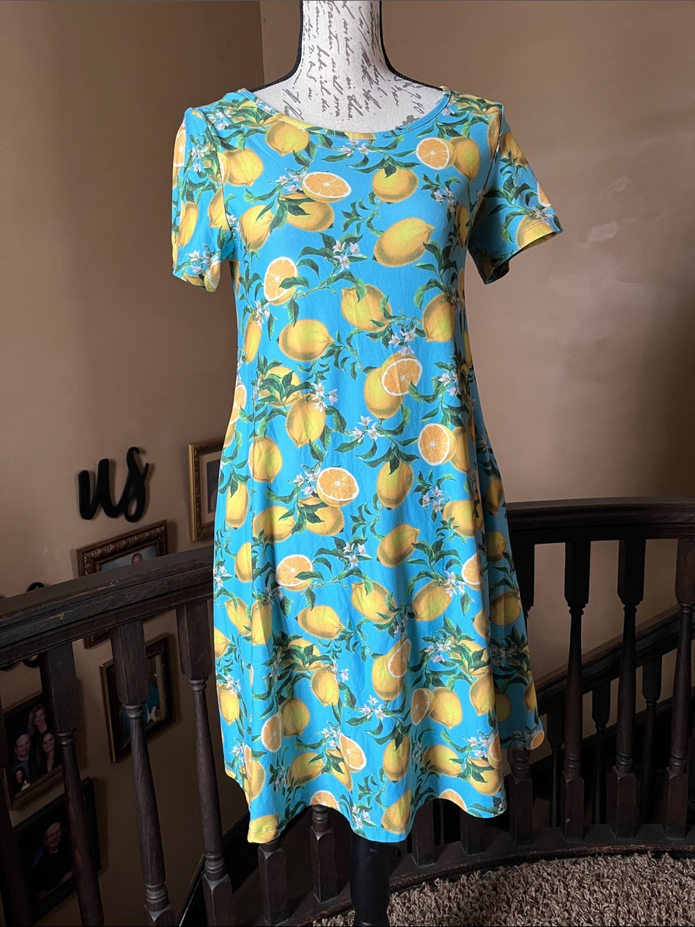 Yelete Turquoise Lemon-Print Short Sleeve Mini Dress